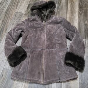 Wilson's Leather Suede Fur Trim Jacket Small Brown Hooded Leather Stitching Boho